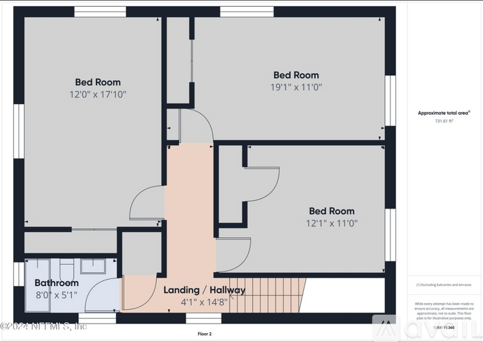 A floor plan shows three bedrooms, a bathroom, and a landing/hallway.