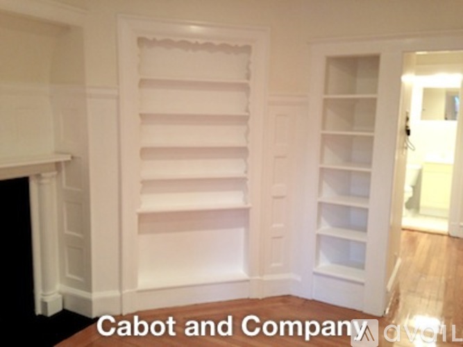 A white shelving unit in a room with a fireplace.
