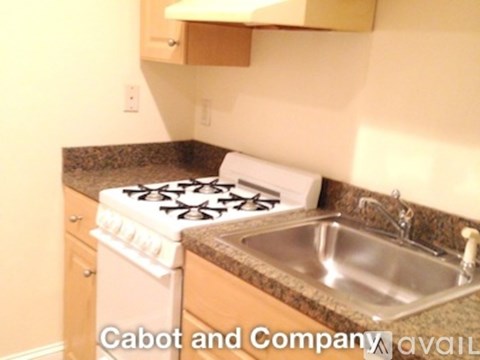 A kitchen with a stove, sink and cabinets.