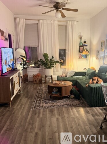 A living room with a ceiling fan, a couch, a coffee table, and a television.
