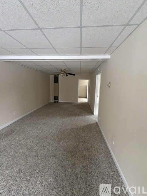 A room with a carpeted floor and a ceiling fan.