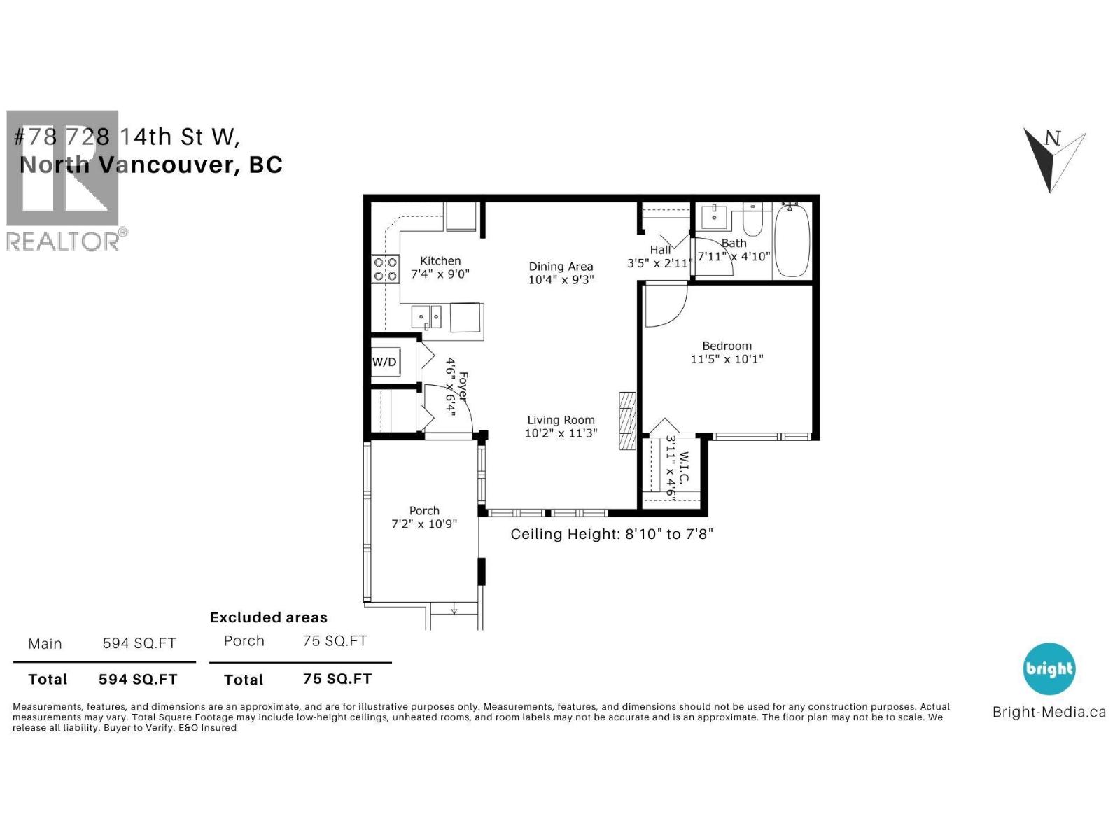A floor plan for a property at 14th St W, North Vancouver, BC, showing a kitchen, dining area, bedrooms, and a porch.