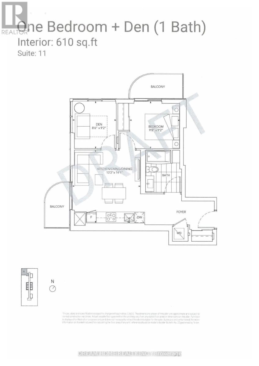 A floor plan of a one bedroom plus den with one bath.