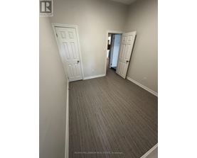 A room with a grey carpet and two white doors.