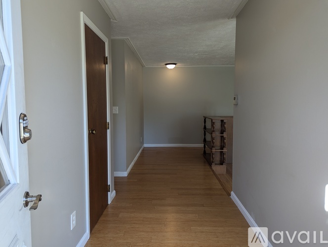 A hallway with a door on the left and a shelf on the right.