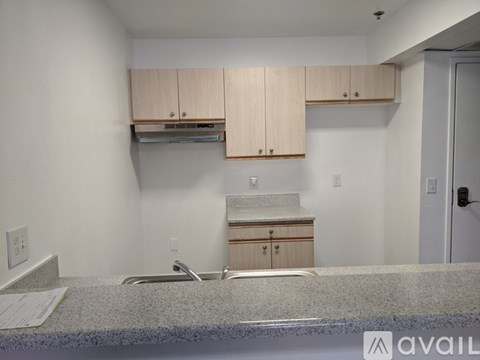 A kitchen area with a granite countertop and wooden cabinets.