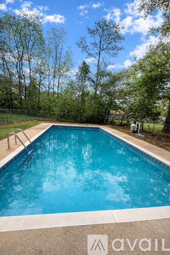 A swimming pool surrounded by trees and a fence.