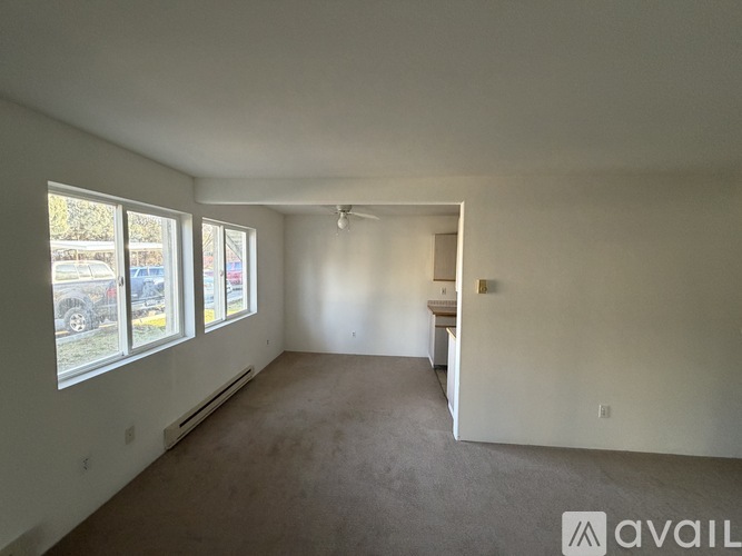 A spacious room with a carpeted floor, large windows, and a white ceiling.