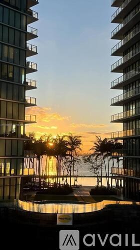 A sunset view from a balcony of a building with palm trees in the foreground.