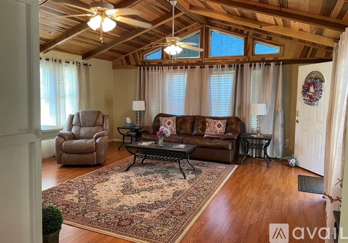 A living room with a couch, chair, and rug.