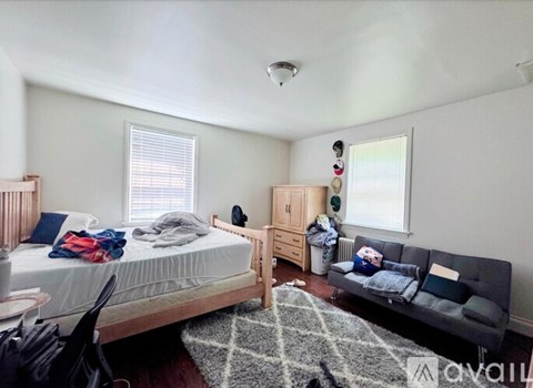 A bedroom with a bed, a couch, and a rug.