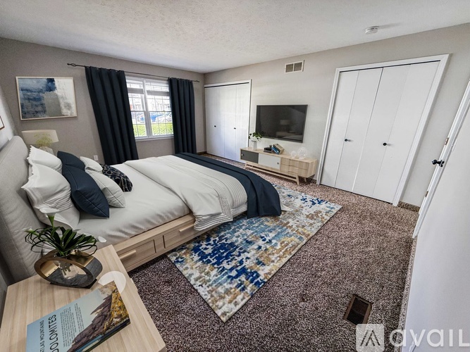 A bedroom with a large bed, a flat-screen TV, and a rug on the floor.