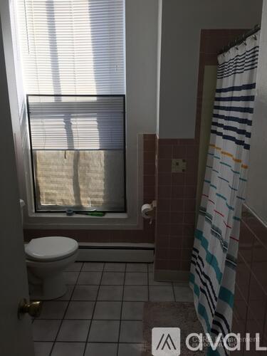A bathroom with a toilet, a window with blinds and a shower curtain.