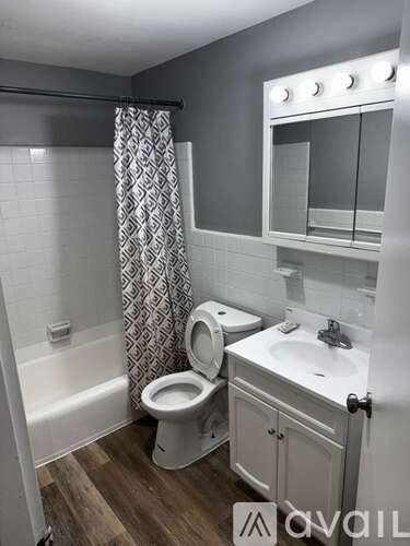 A bathroom with a toilet, sink, and shower.