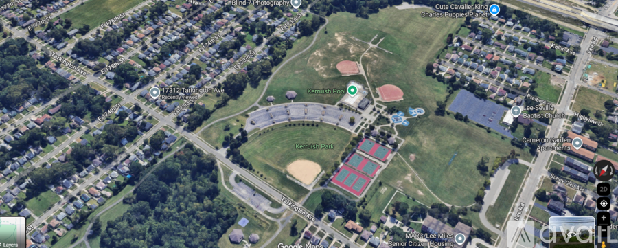 A satellite image of a park with a baseball field and a basketball court.
