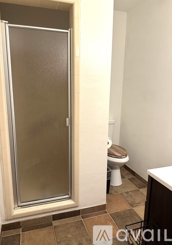 A bathroom with a toilet and a walk-in shower.