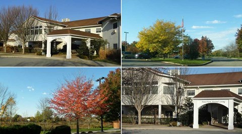 Four pictures of a building with trees in the foreground.