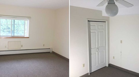 A room with a window and a door.