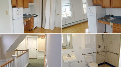 Four images of a kitchen, bathroom, hallway and staircase.