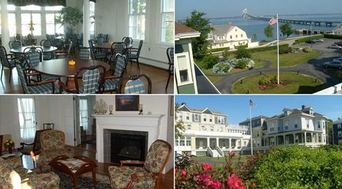 A collage of four images, including a dining room, a bridge, a flag, and a house.