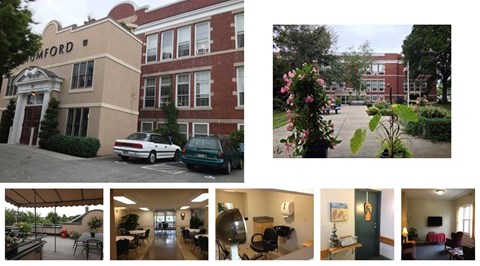 A collage of images showing the exterior and interior of a building named Humford.