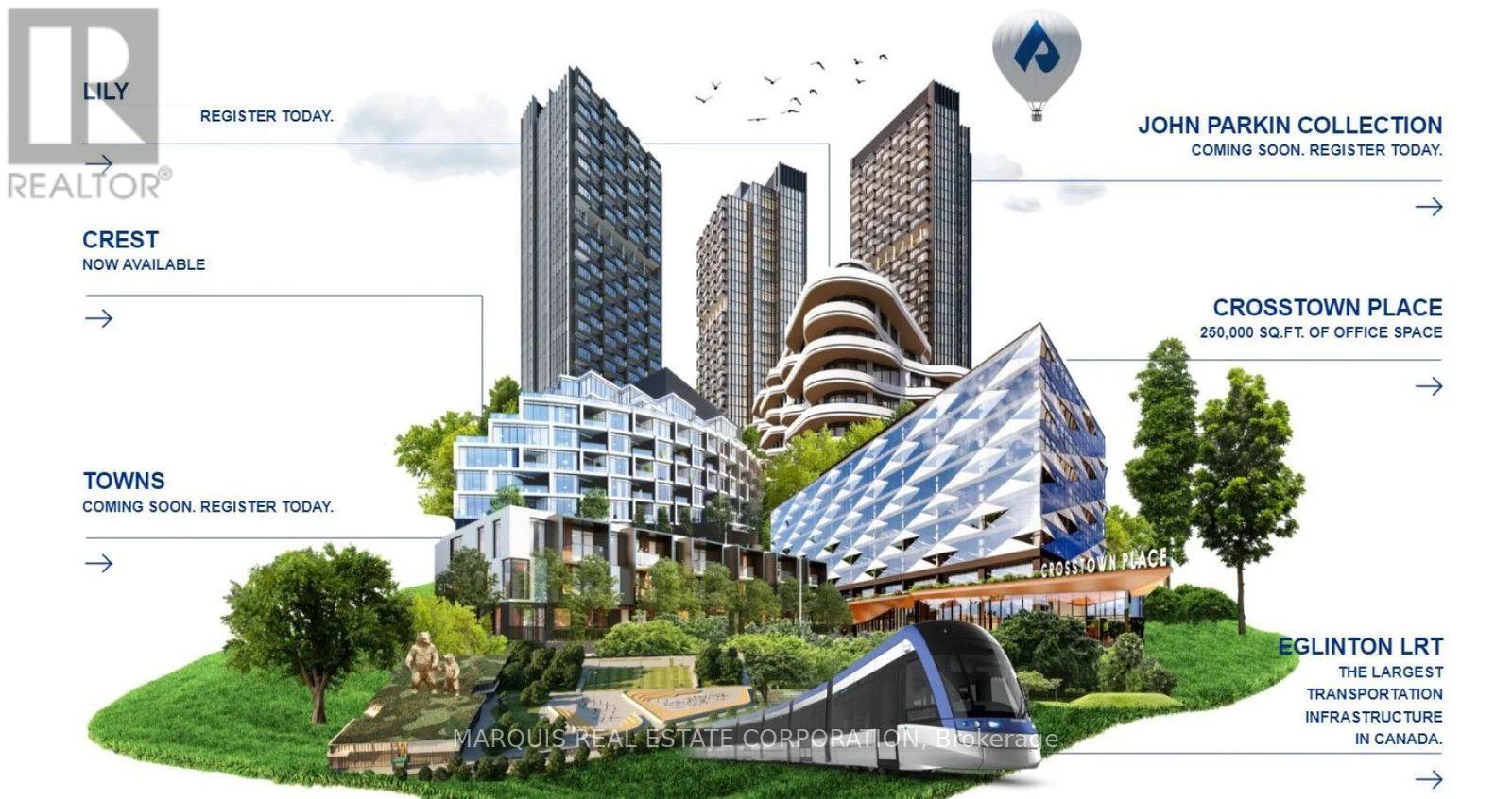 A real estate advertisement showcasing various buildings and a train, with a call to action to register today.