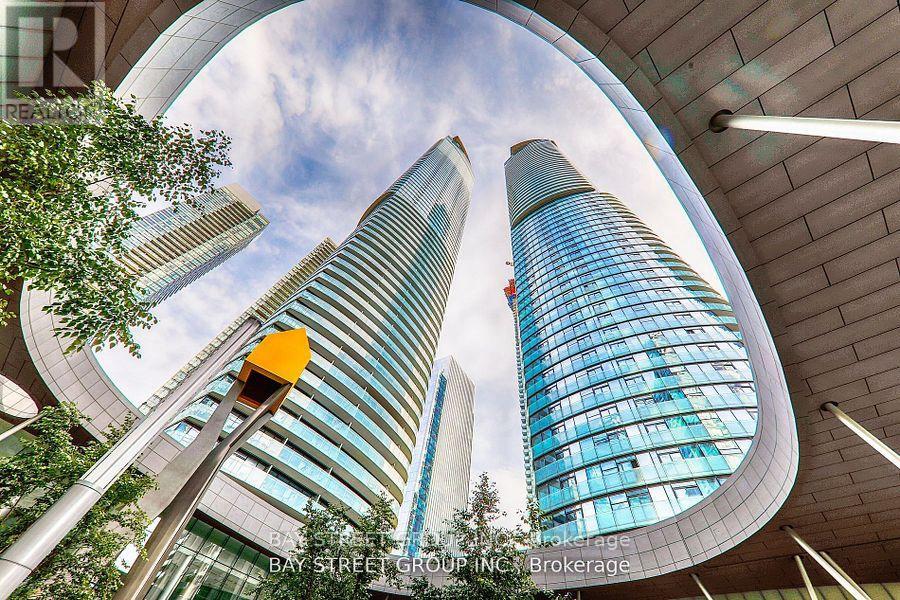 A fisheye view of a city street with modern buildings.