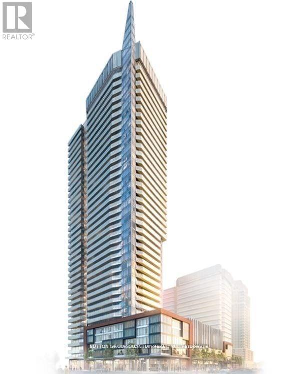 A tall building with a striped facade is the main focus of the image.