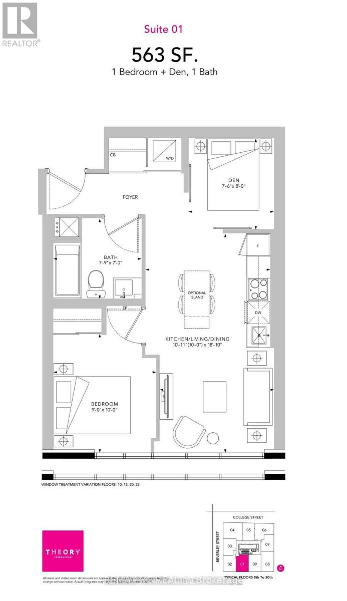 A floor plan for a 563 SF apartment in Suite 01 with one bedroom and one bath.