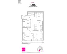 A floor plan for a 563 SF apartment in Suite 01 with one bedroom and one bath.