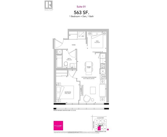 A floor plan for a 563 SF apartment in Suite 01 with one bedroom and one bath.