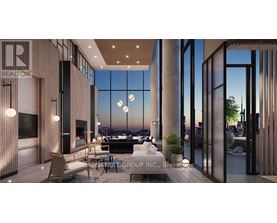A modern living room with a view of the city at dusk.