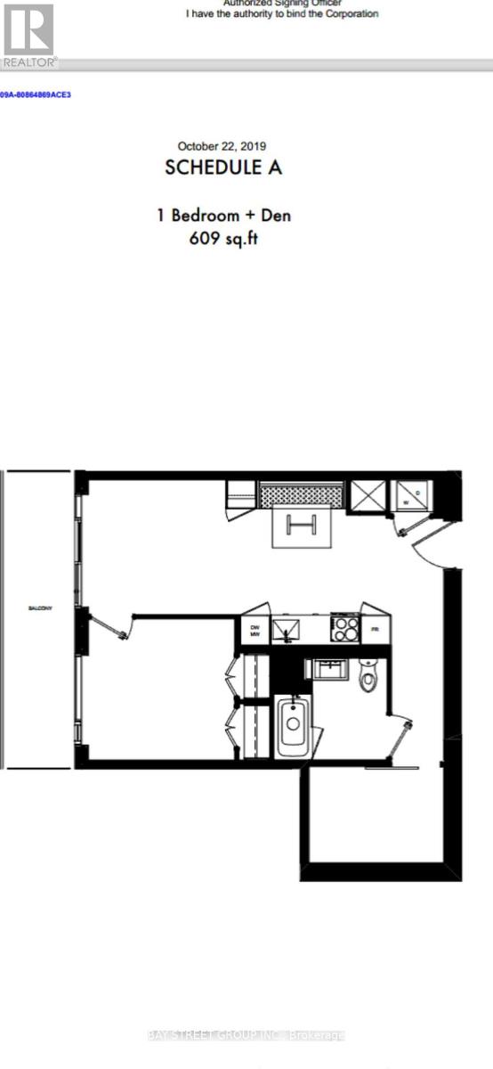 A floor plan for a 609 square foot one bedroom plus den.