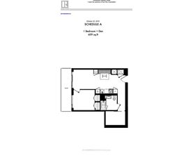 A floor plan for a 609 square foot one bedroom plus den.