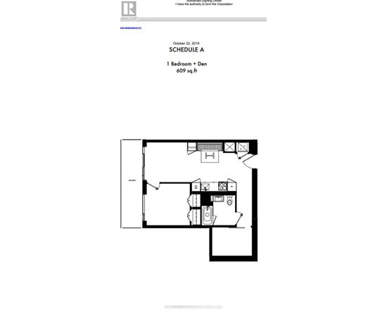 A floor plan for a 609 square foot one bedroom plus den.