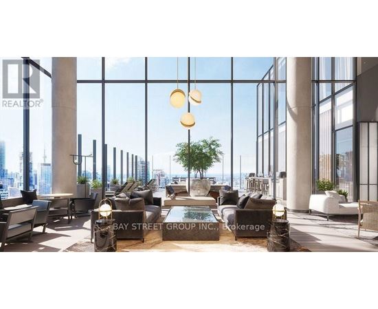 A modern living room with a view of the city skyline.