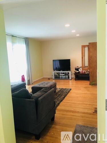 A living room with a grey couch and a television.