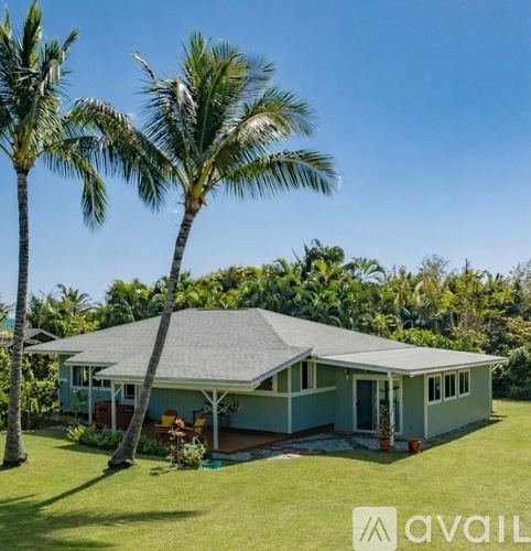 A house with a grey roof is surrounded by palm trees.
