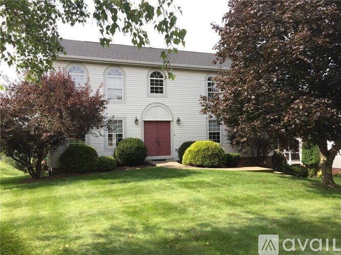 A white house with a red door and windows surrounded by greenery.