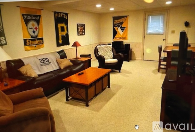 A living room with a Pittsburgh Steelers banner on the wall.