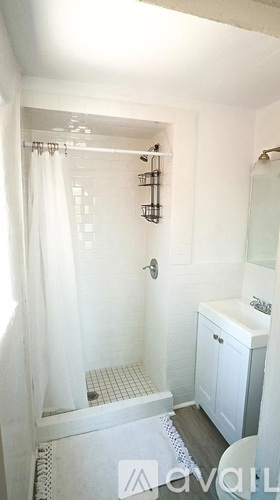 A white bathroom with a shower curtain and a white cabinet.
