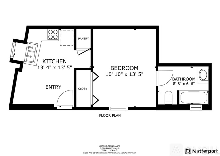 A floor plan of a house with a kitchen, pantry, bedroom, bathroom and entry.