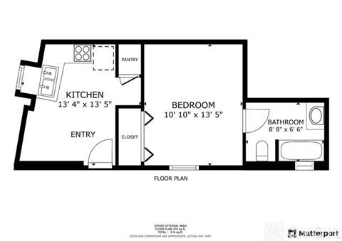 A floor plan of a house with a kitchen, pantry, bedroom, bathroom and entry.