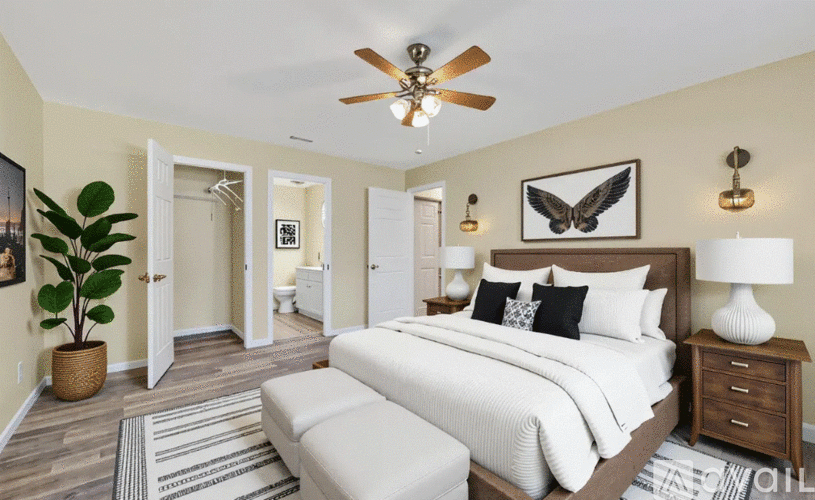 A bedroom with a large bed, a ceiling fan, and a plant.