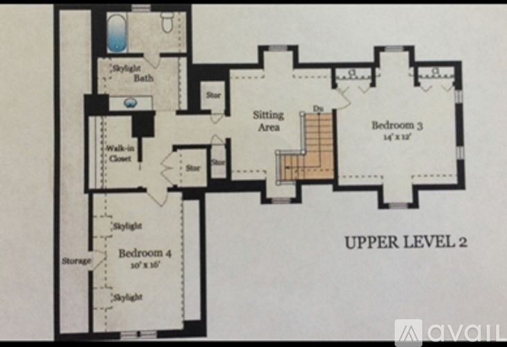 A floor plan of a house with four bedrooms and a sitting area.