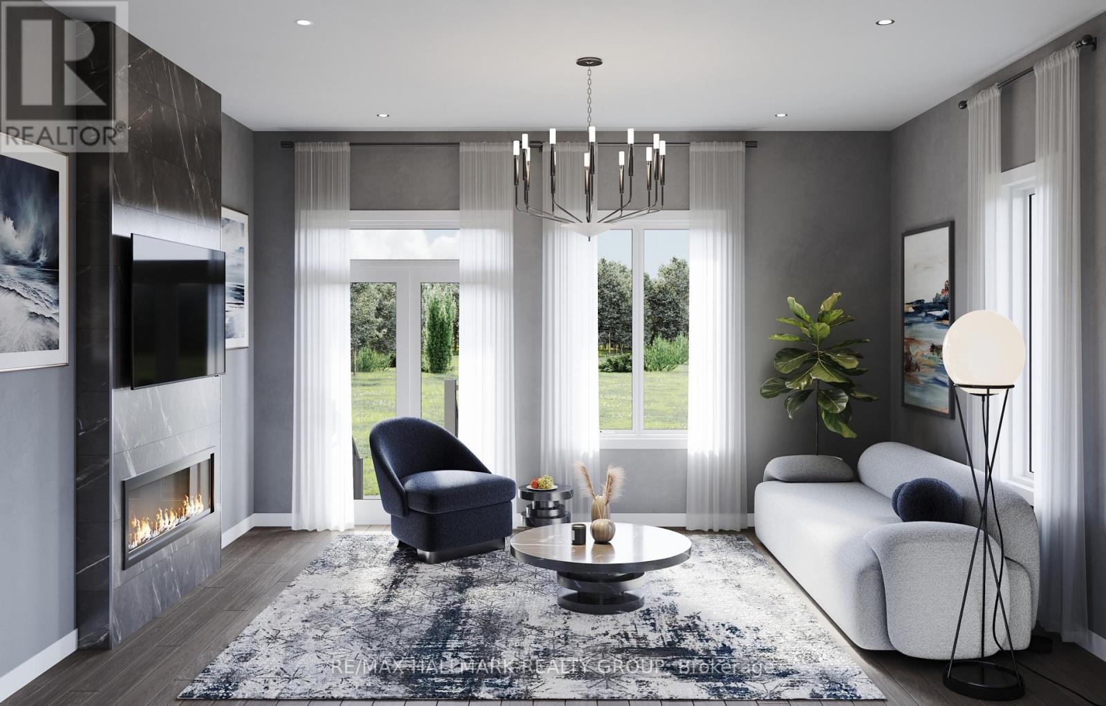 A modern living room with a fireplace and a large window.