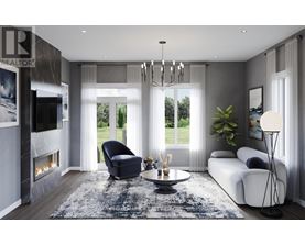 A modern living room with a fireplace and a large window.