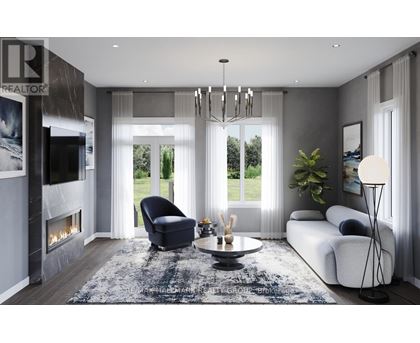 A modern living room with a fireplace and a large window.