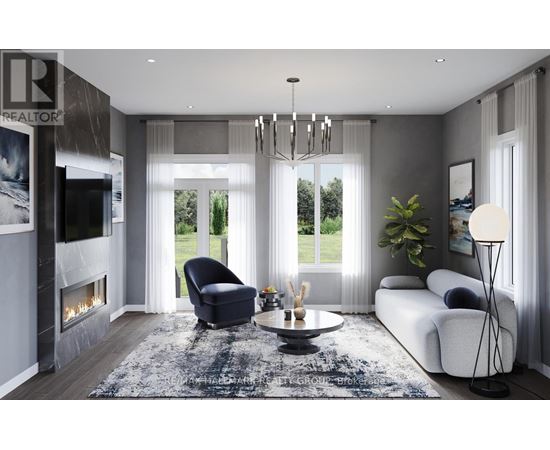 A modern living room with a fireplace and a large window.