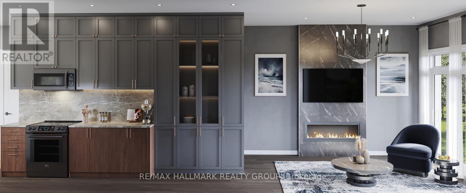A modern kitchen with a fireplace and a chair.
